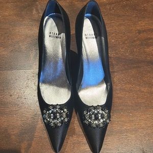 Stuart Weitzman Black Satin Rhinestone Toe Pump